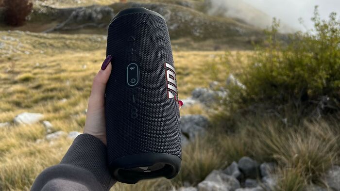 A hand holding a JBL portable speaker outdoors, perfect for music lovers. Explore stories about family pictures.