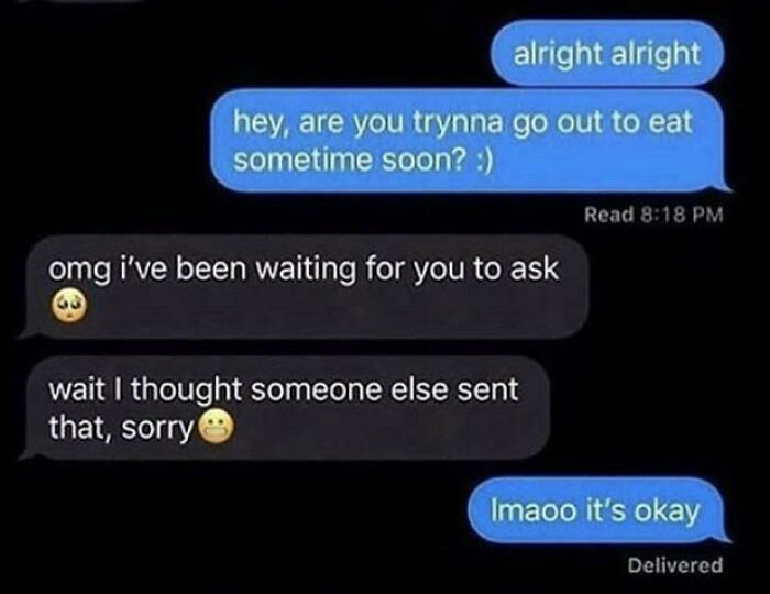 Absurd screenshot of a text message conversation with a misdirected enthusiastic response.