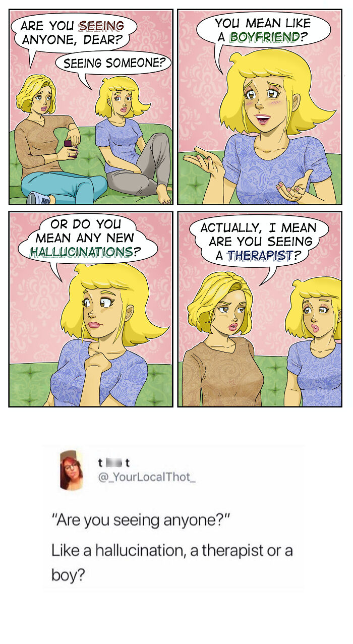 A sarcastic comic and awkward moment about being asked if you are seeing anyone.