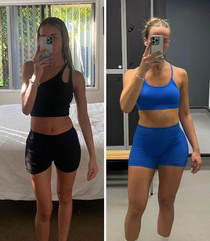 A woman posing to reveal her weight gain transformation, emphasizing her progress and expert tips.