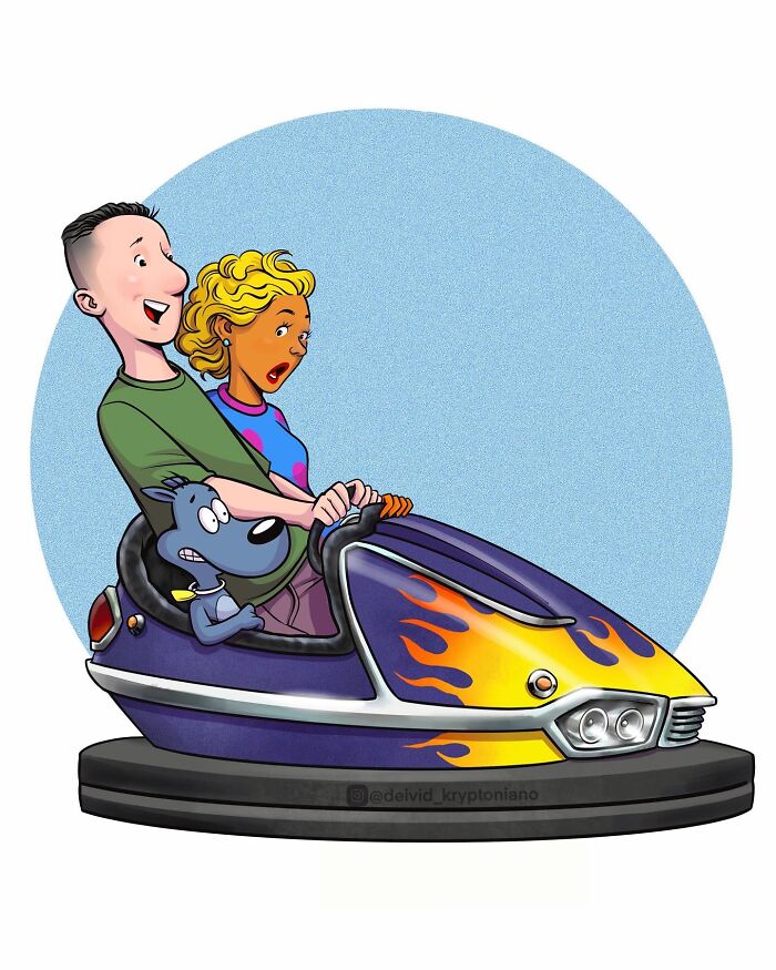 Reimagined Doug Funnie, Patti Mayonnaise, and Porkchop enjoying a bumper car ride as adults.