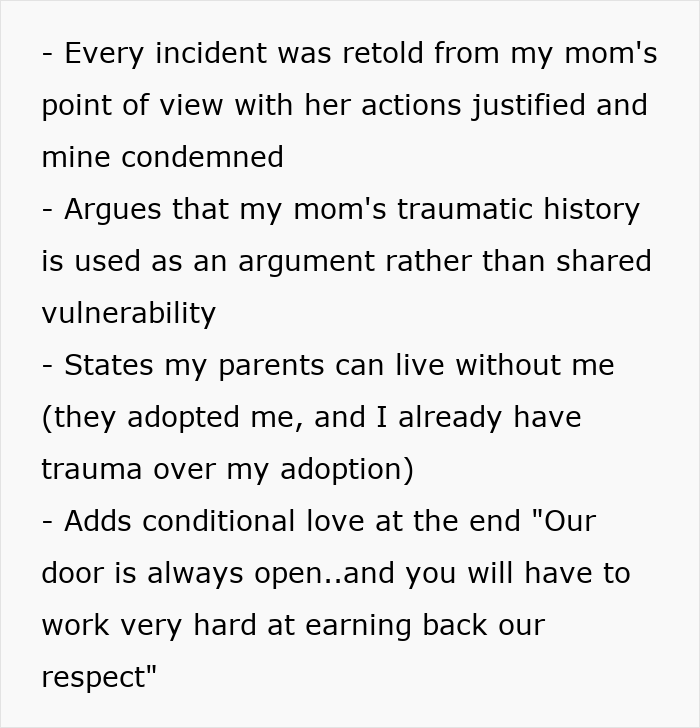 Bullet points detailing the mom's perspective and blame shifting for the wedding dance floor.