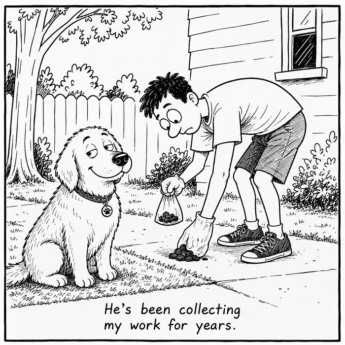 A funny comic from a dog's perspective showing a dog smiling while a man picks up its p**p.