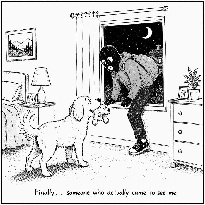 A funny comic from a dog's perspective showing a dog excitedly greeting a burglar with a toy.