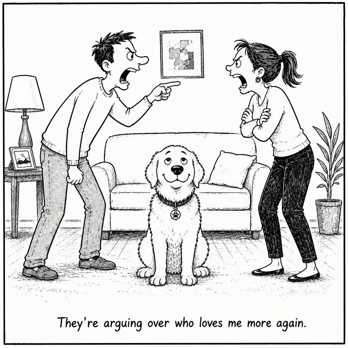 A funny comic from a dog's perspective showing a dog happily sitting between two arguing people.