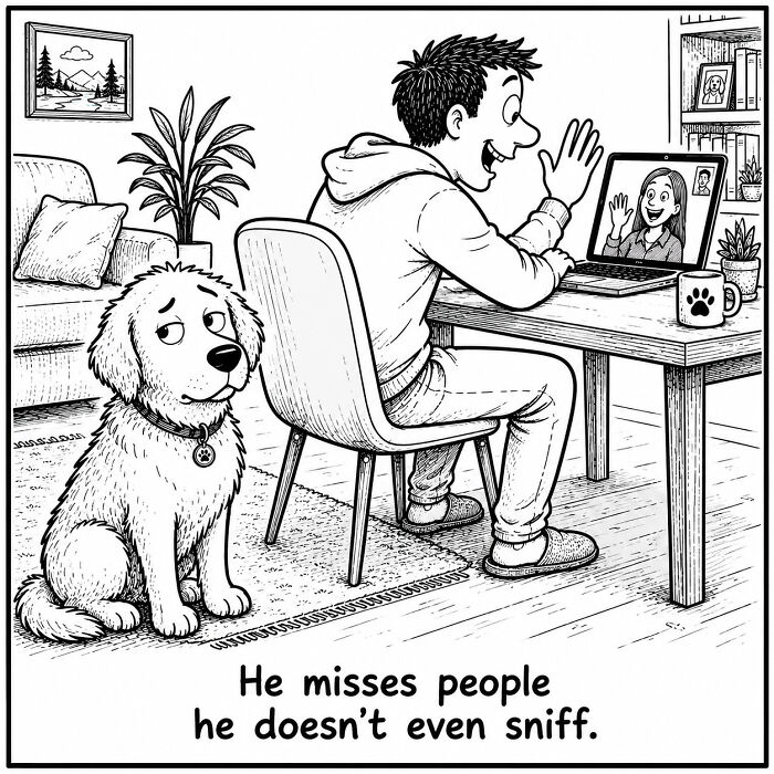 Funny comics about a sad dog watching owner on video call, missing people. Dog's perspective on everyday moments.