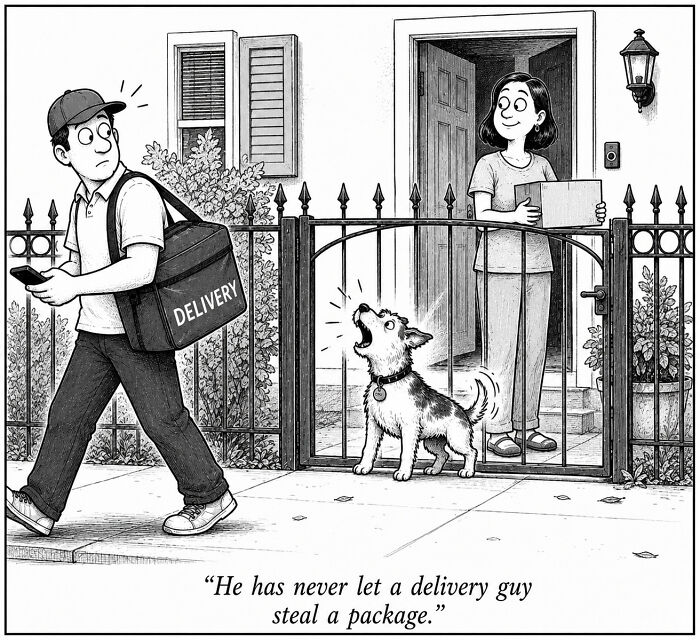 Funny comics from a dog's perspective, barking at a delivery person while a woman gets a package.