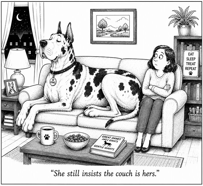 Funny comics from a dog's perspective, a huge Great Dane taking up the entire couch, ignoring its owner.