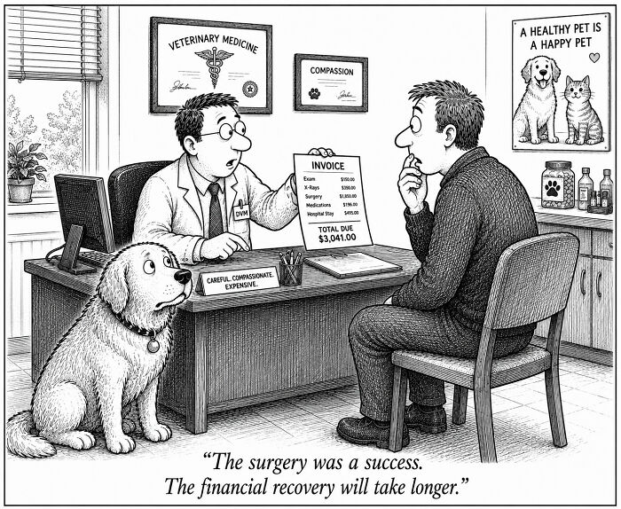 Funny comics from a dog's perspective, a man looking shocked at a vet bill while his dog sits calmly.