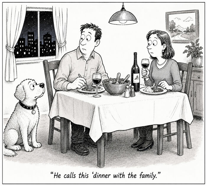 Funny comics from a dog's perspective, a dog staring intently at a couple having dinner at a table.