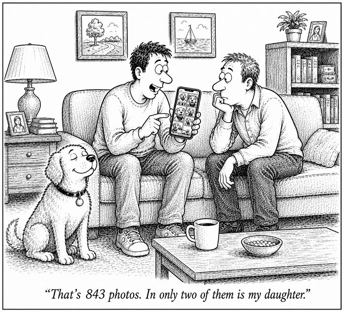 A funny dog comic of two men on a couch, one showing dog photos on his phone while a happy dog sits beside them.