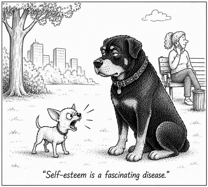 A funny dog comic showing a tiny chihuahua barking at a large, unimpressed Rottweiler in a park.