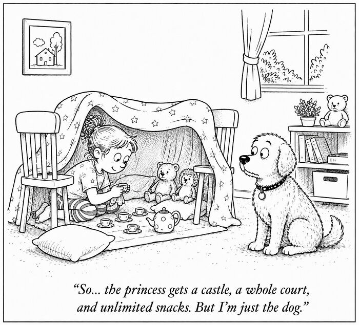 A funny dog comic of a girl having a tea party under a blanket fort, while a dog watches wistfully.