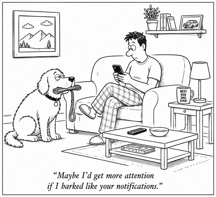 A funny dog comic with a dog holding a leash in its mouth, waiting for attention from a man engrossed in his phone.