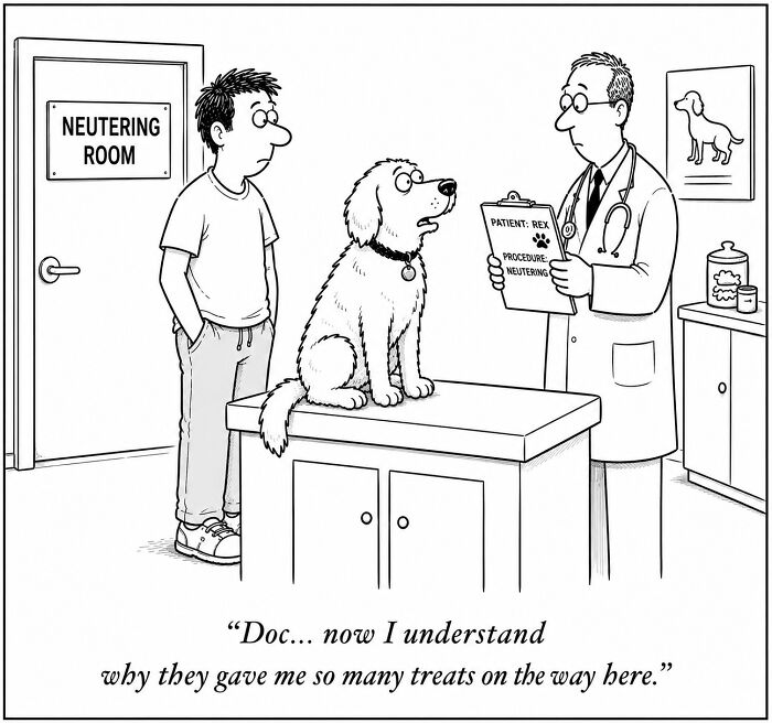 Funny comics from a dog's perspective show a dog at the vet, realizing his owner tricked him with treats for neutering.