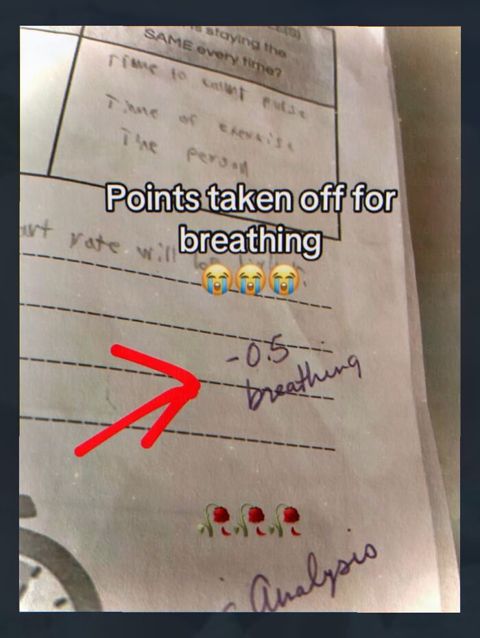 A weird meme showing a school paper with points taken off for breathing.