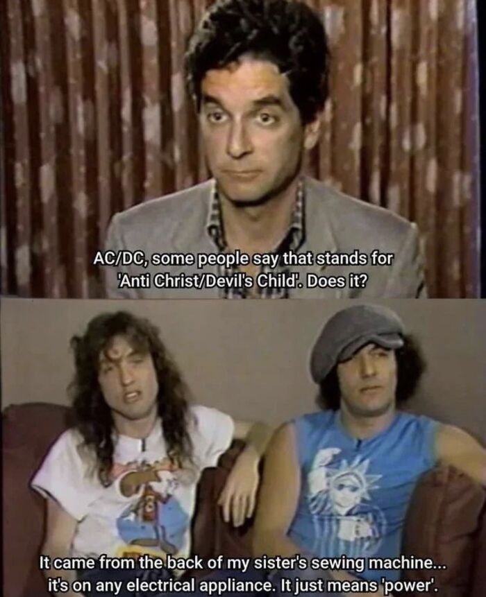 A respectful meme showing AC/DC explaining their name, providing a relatable and respectful moment that boosts morale.