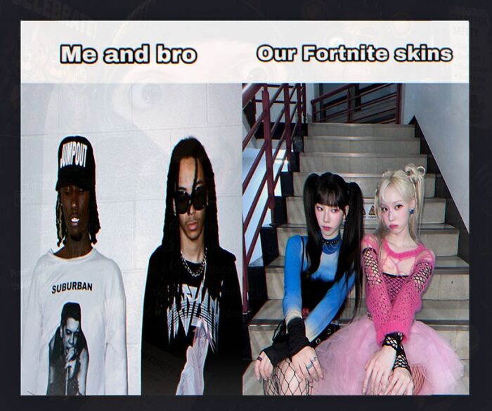 A weird meme comparing two men to two women in colorful outfits, labeled as Fortnite skins.