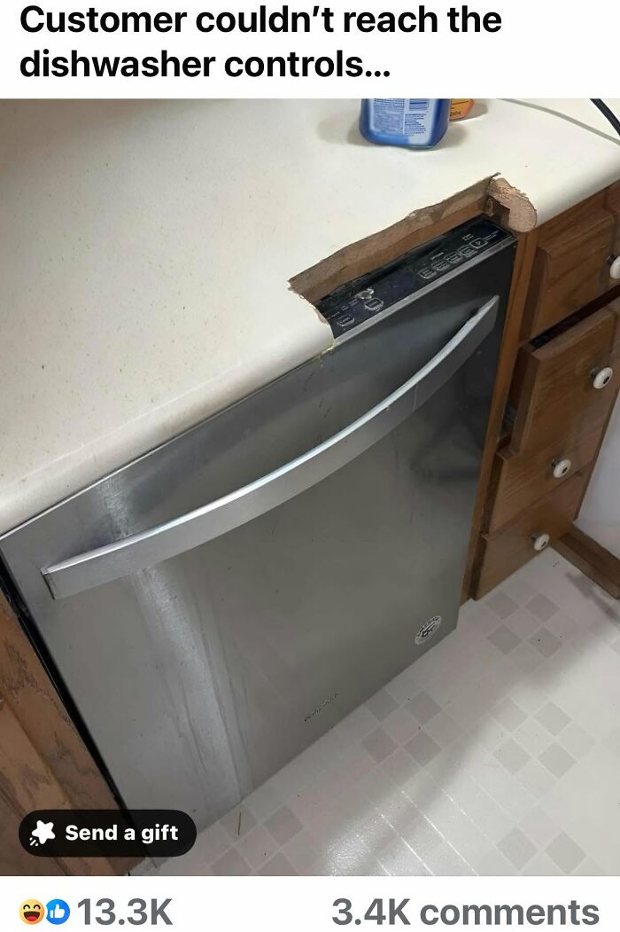 A dishwasher installed with a cutout in the countertop above it, showing a cultural decline.