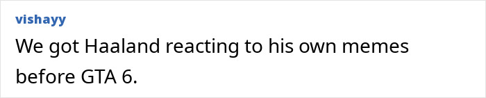 A social media comment from 'vishayy' about Erling Haaland reacting to his own memes.