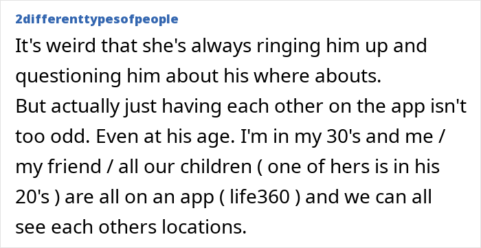 Text snippet: A user comment about tracking location; comparing it to a mother tracking her son's location.