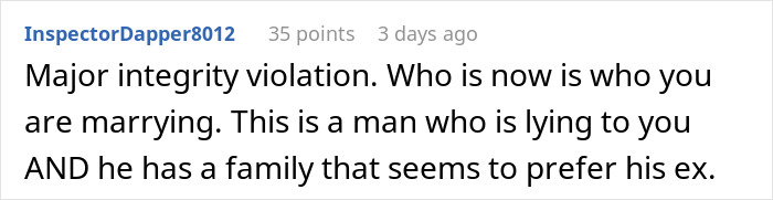 Screenshot of a comment about a major integrity violation and the son's backup plan revealed by his future father-in-law.