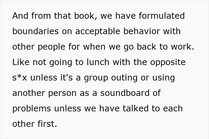 Text describing boundaries set by a pregnant wife for her husband to prevent future cheating with coworkers. Text describing boundaries set by a pregnant wife for her husband to prevent future cheating with coworkers.
