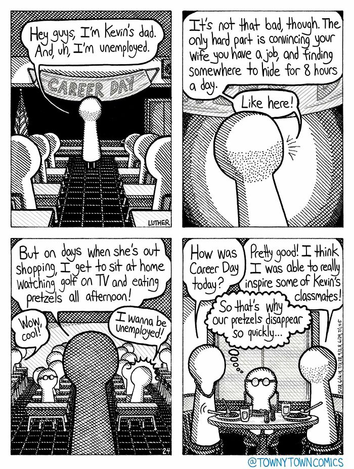 A comic strip about US Midwest everyday life showing Kevin's unemployed dad talking to his class during career day.