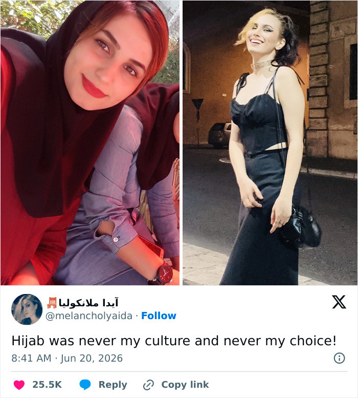 A woman smiling in a black hijab on the left, next to her in a black dress with dyed hair, portraying letting go of the hijab.