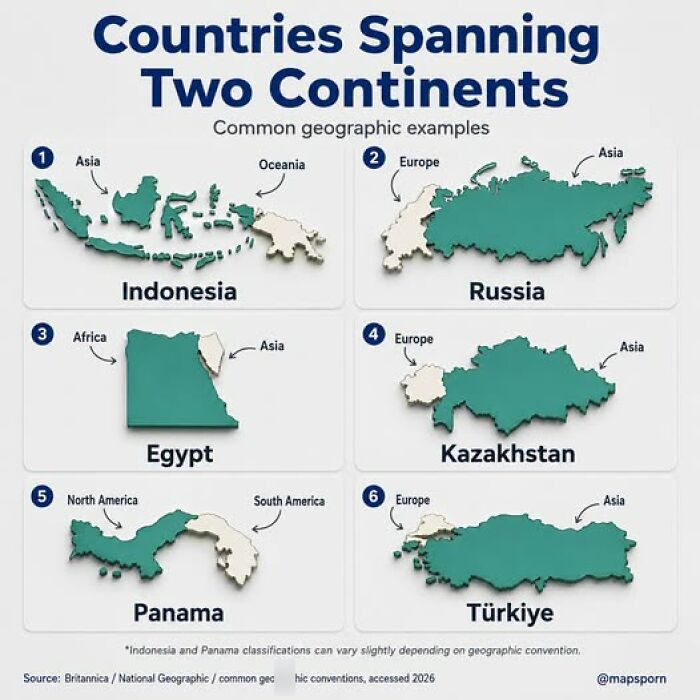 A bizarre yet brilliant map showing countries spanning two continents, illustrating unique geography examples like Russia and Egypt.