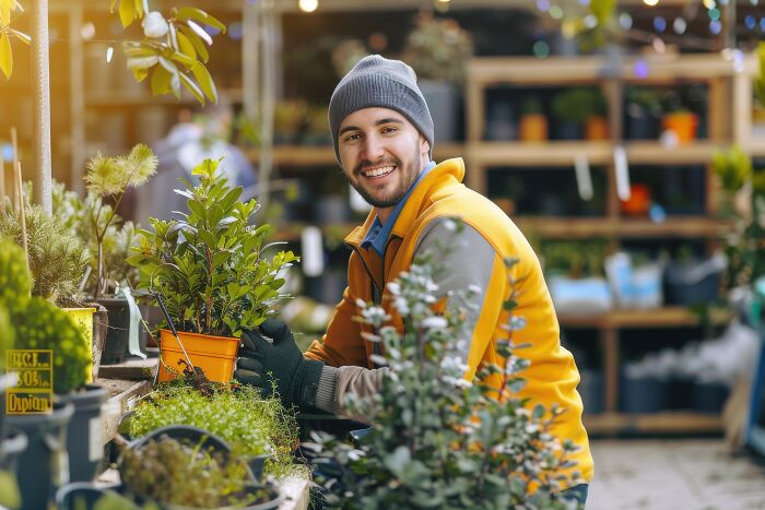A smiling man in a yellow vest tending to plants, showing a happy employee contrast to getting fired.