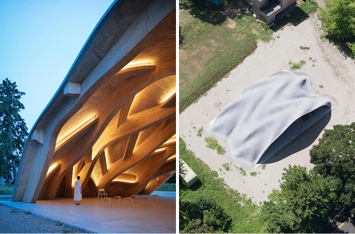 Modern architecture design: A split image showing an illuminated, flowing wooden interior structure on the left and an aerial view of an organic-shaped building on the right.