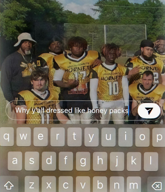 A cringe meme of a group of football players in yellow and black uniforms with a text overlay asking, Why y'all dressed like honey packs.