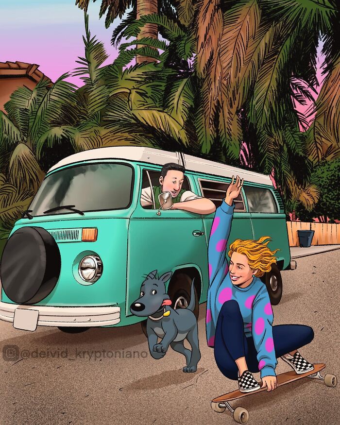 Reimagined Doug Funnie driving a vintage van, Patti Mayonnaise skateboarding, and Porkchop running alongside.