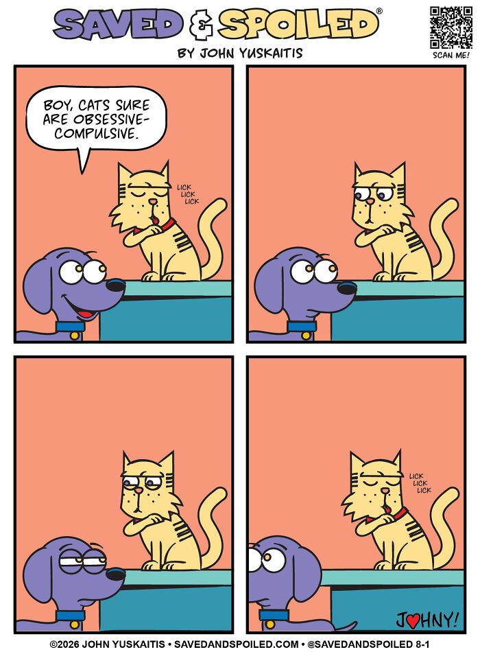A comic of a dog and a cat figuring out how to coexist. A dog watches a cat licking itself.