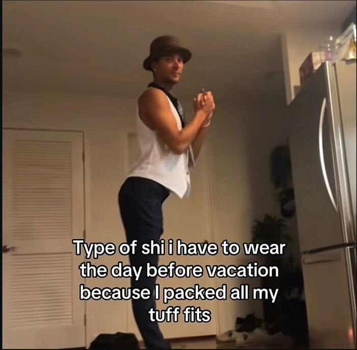 A person in a fedora and mismatched clothes, depicting a last-minute outfit, a hilarious meme.