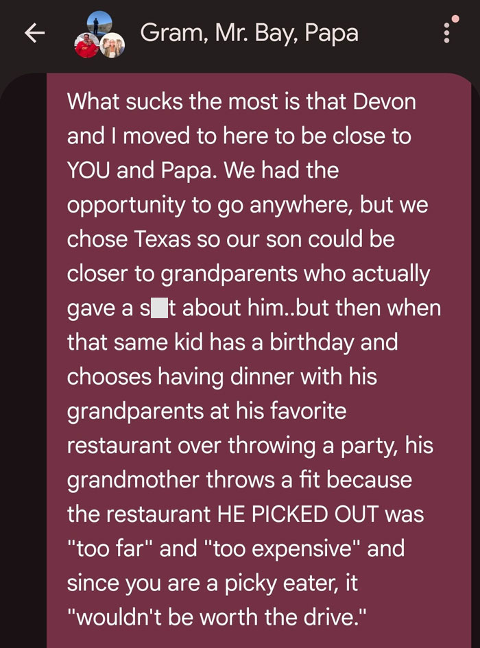 A message from a son to his mom about her reaction to his son's birthday dinner after finding his lost $6K. A message from a son to his mom about her reaction to his son's birthday dinner after finding his lost $6K.