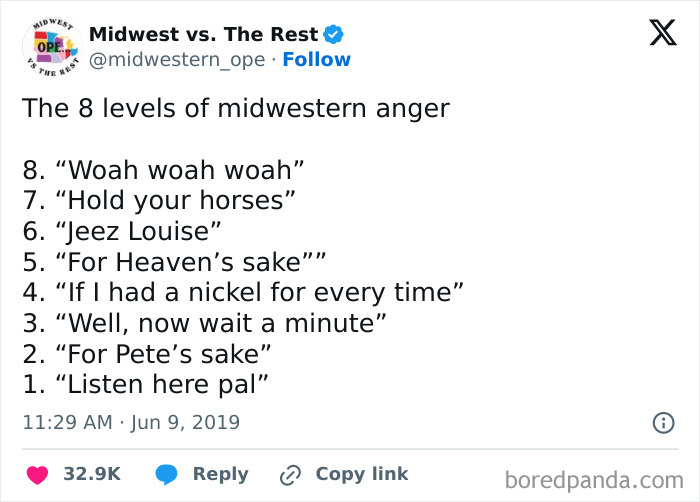 A tweet showing 8 levels of midwestern anger, featuring stereotypically white phrases that crack people up.