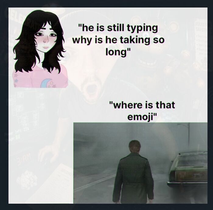 A weird meme illustrating a person waiting for a long text, thinking about finding emojis.