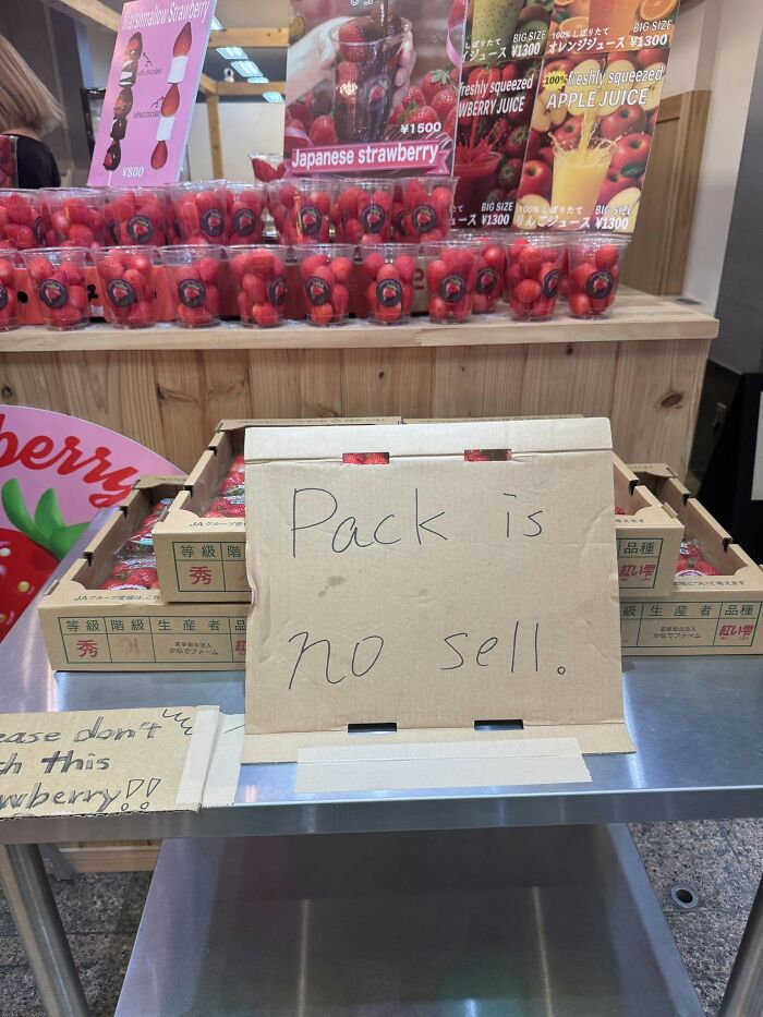 A cardboard sign in Japan, a hilarious example of getting lost in translation, reading Pack is no sell.