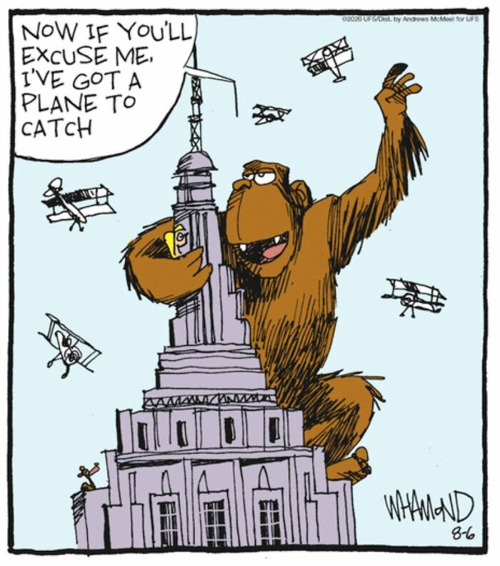 Dave Whamond comic with King Kong, a pop culture icon, on a building surrounded by planes.