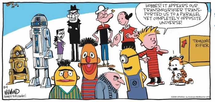 Dave Whamond comic shows pop culture icons including Calvin and Hobbes, Star Wars droids, and Minions.