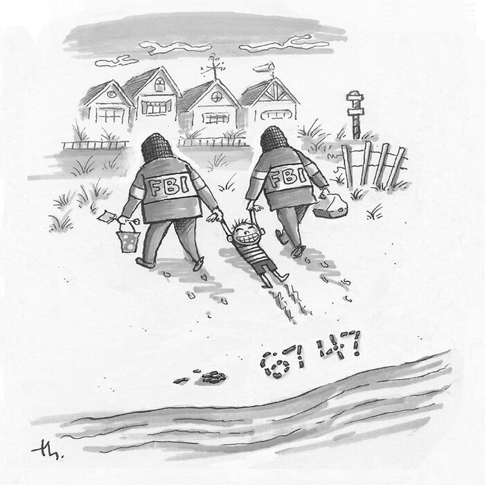 Two FBI agents drag a boy at the beach in this single-panel cartoon by Tim Haggerty, displaying sharp humor.