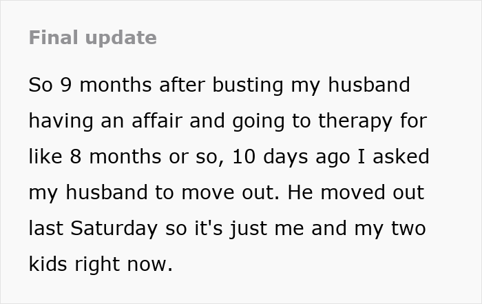 Screenshot of text detailing a final update about a guy who cheats on his pregnant wife. Screenshot of text detailing a final update about a guy who cheats on his pregnant wife.