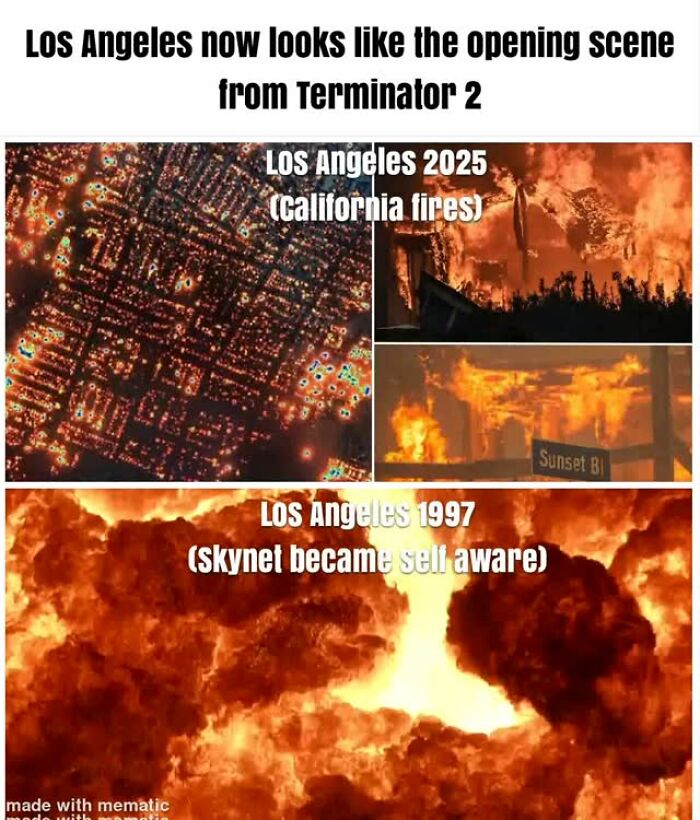 Los Angeles 2025 resembling Terminator 2's opening scene, contrasting with Los Angeles 1997, showing '80s and '90s superiority.