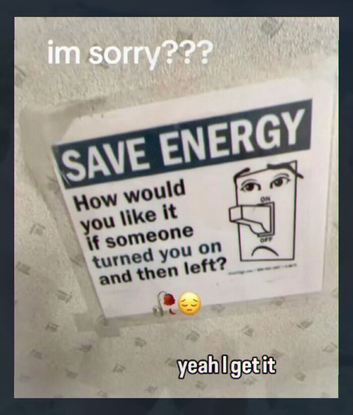 A weird meme with a Save Energy sticker showing a light switch being turned on and off, with text asking How would you like it if someone turned you on and then left?