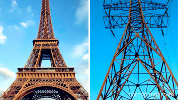 A funny meme comparing the Eiffel Tower to an electric pylon, highlighting AI humor.