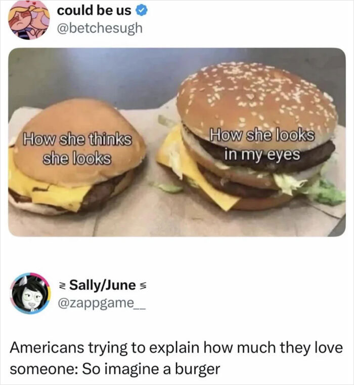 A funny meme comparing how a woman thinks she looks to how she looks to her partner, using burgers.