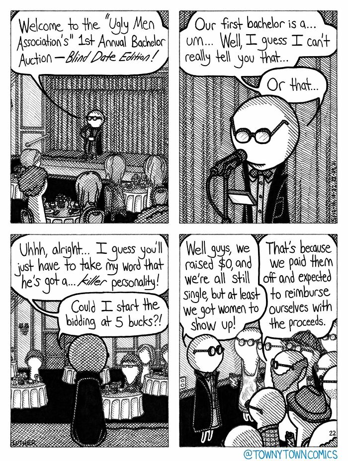 A comic from Towny Town Comics illustrating a chaotic first annual bachelor auction by the Ugly Men Association.