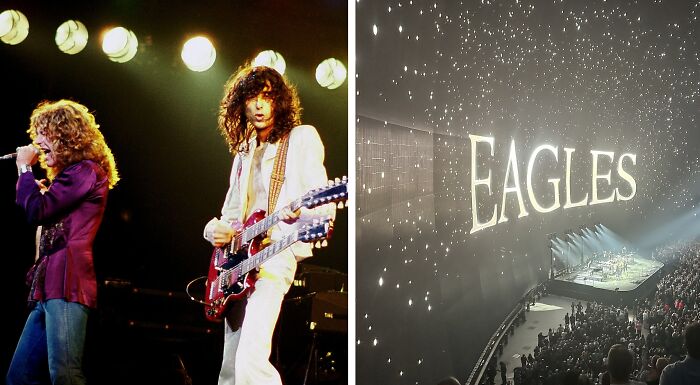 A split image showing Led Zeppelin performing and a large screen displaying EAGLES at a concert, showcasing diverse music taste.